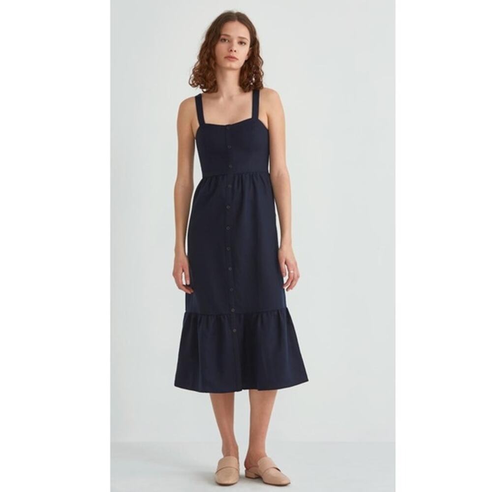 [Frank and Oak] Navy Blue Ruffle Hem Faux Button Down Midi Dress NWT Size XL